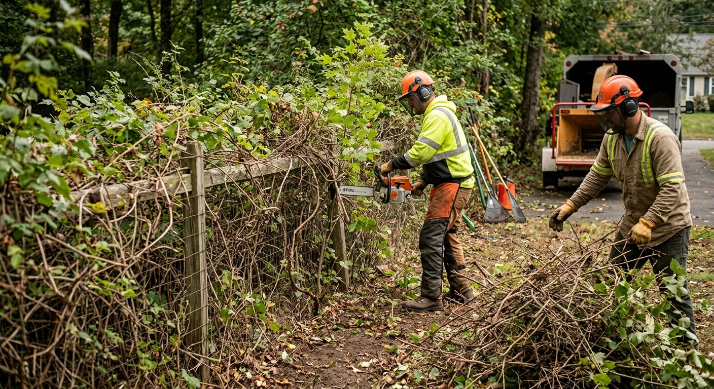 Overgrown backyard fence line choked with thick brush before clearing