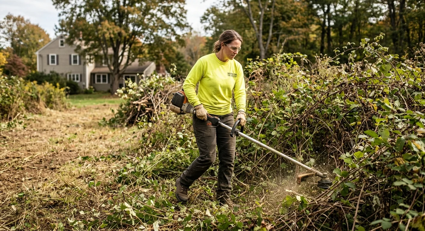 Crew member cutting dense undergrowth with hand equipment on a Cheshire lot