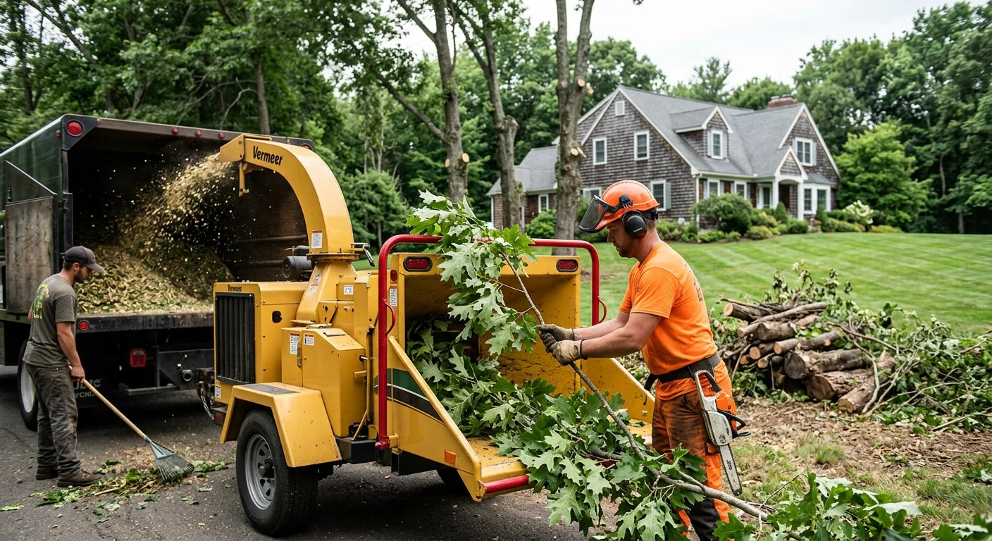 Wood chipper processing green waste beside a cleared property edge