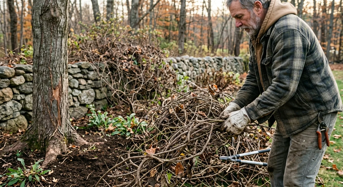 Close-up of tangled invasive vines removed from a garden border
