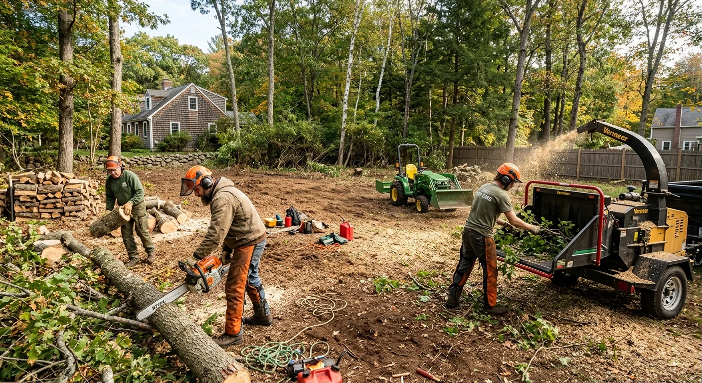 Wide shot of a rear wooded lot cleared and opened to daylight