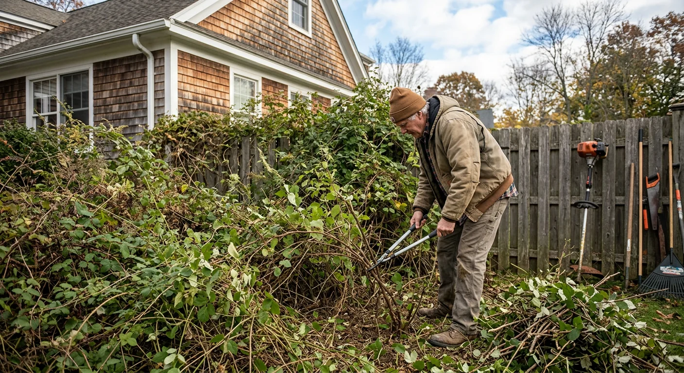 Before context of neglected undergrowth spreading across a residential yard