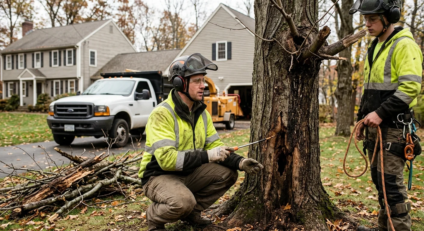 Leaning storm-damaged tree overhanging a Cheshire rooftop before removal