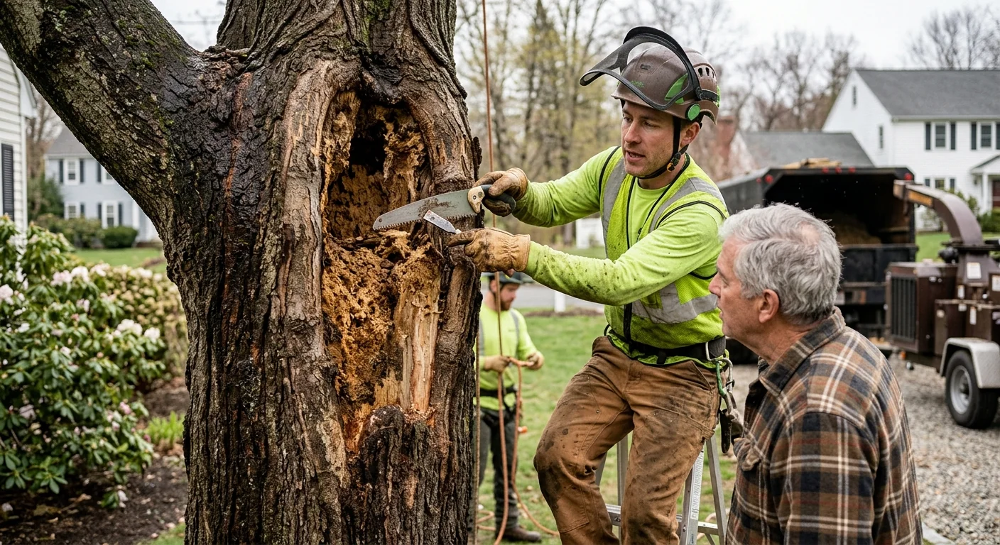 Arborist assessing trunk decay on a large hazardous tree