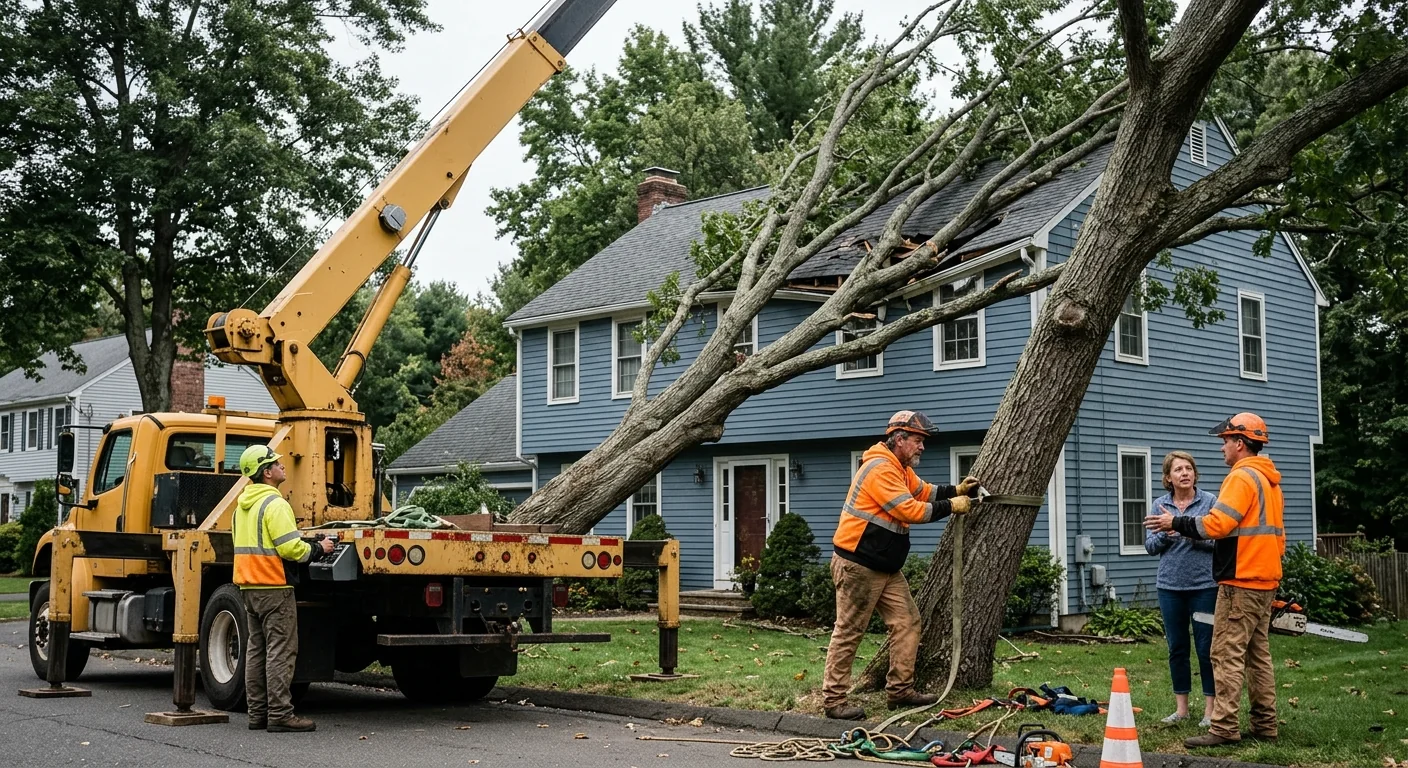 Storm-damaged tree leaning over a house before crane removal