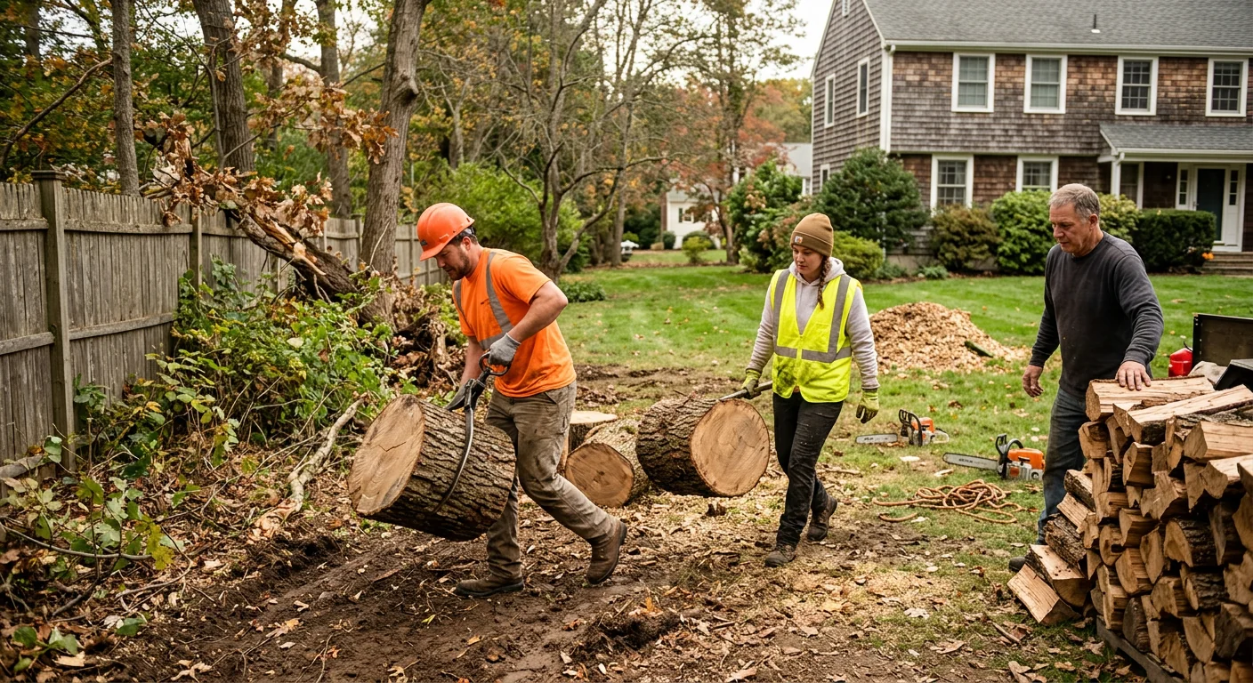 Ground crew hauling sectioned wood from a cleared backyard