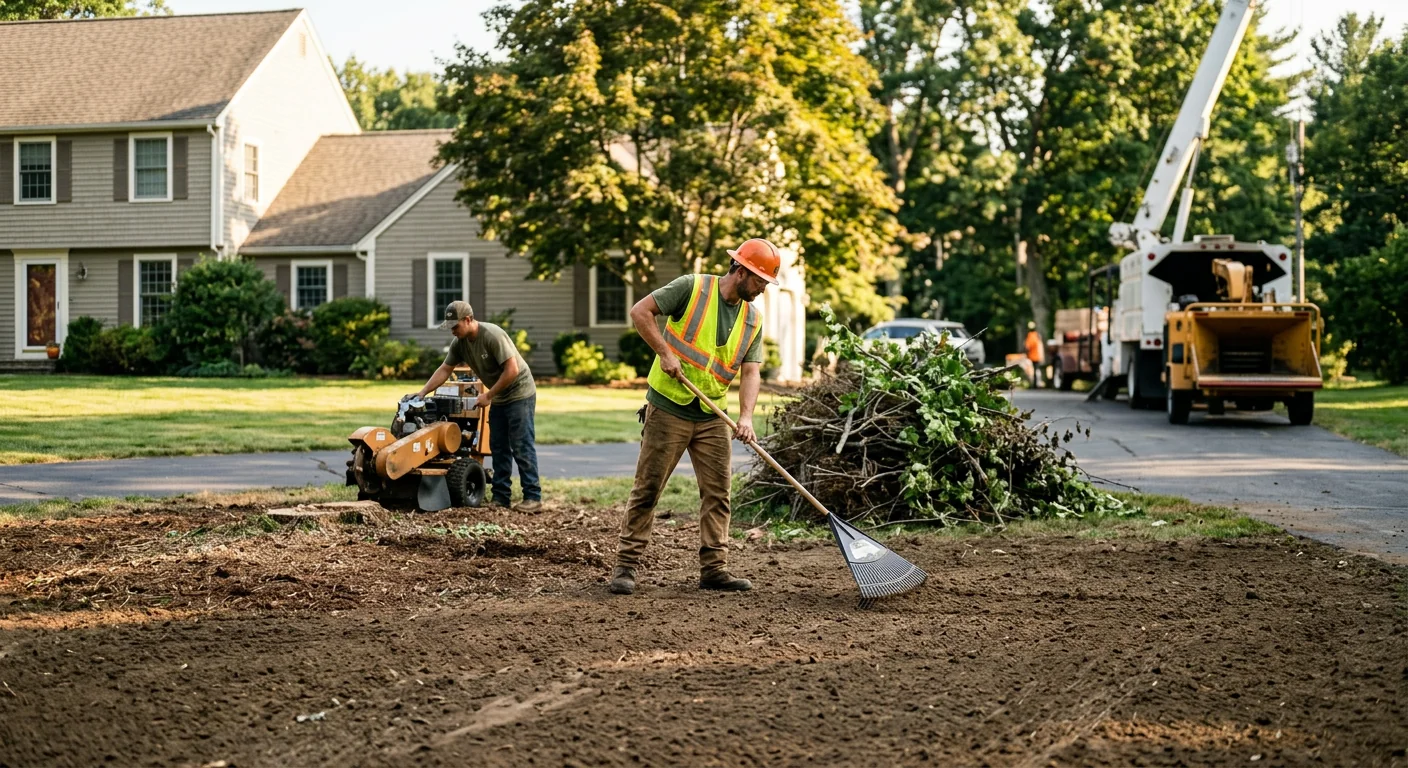Restored open yard raked smooth after crane tree removal
