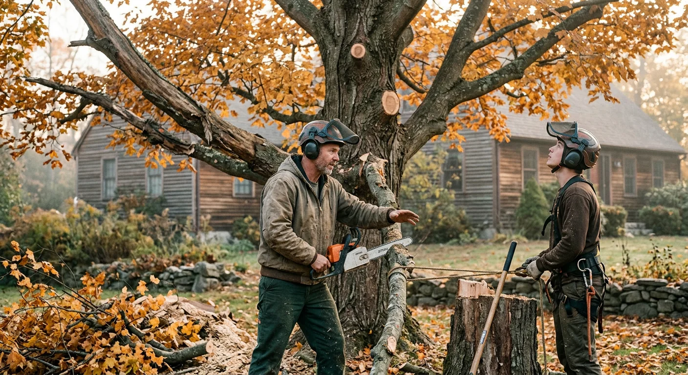 Tree crew clearing a storm-damaged tree from a Cheshire property at dusk