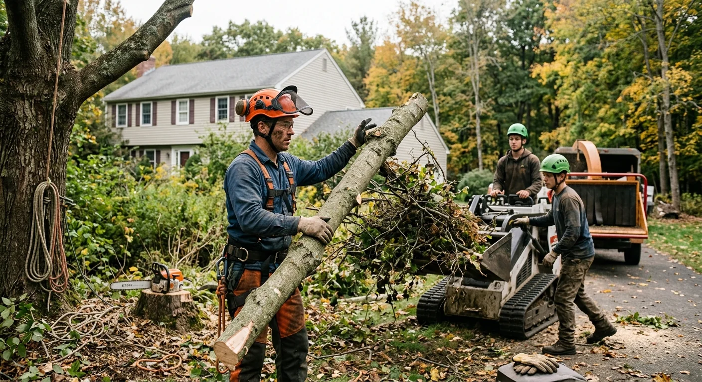 Tree crew clearing a storm-damaged oak from a Cheshire backyard