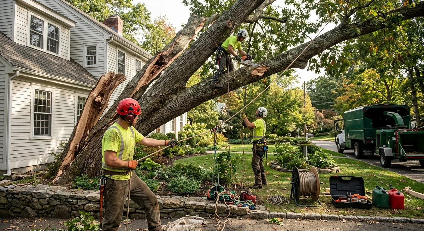 Large storm-split oak leaning against a Cheshire home before removal
