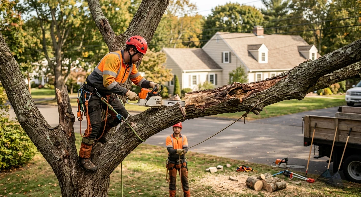 Arborist making a controlled sectional cut on a hazardous limb