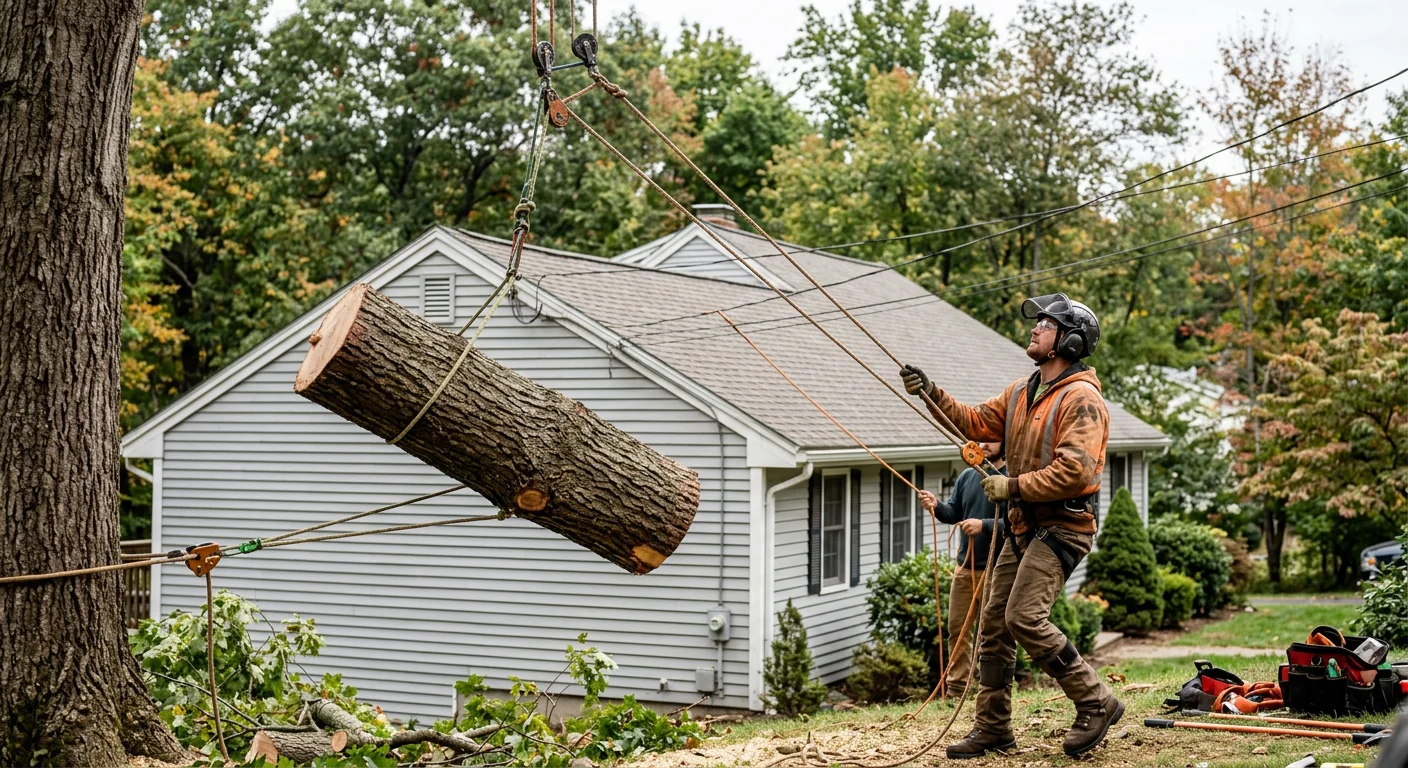 Rigging ropes lowering a heavy trunk section away from a roof