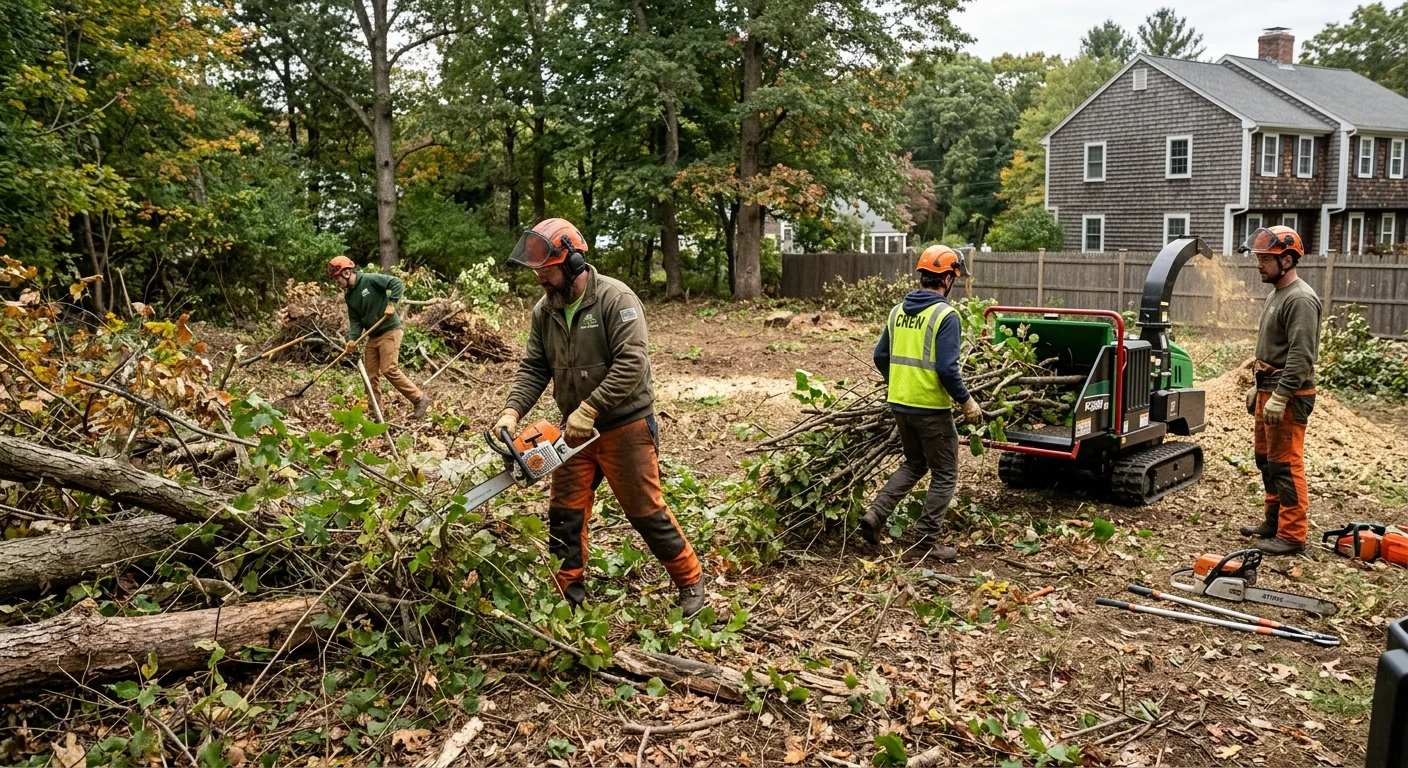 Crew clearing brush and debris from a cleared backyard