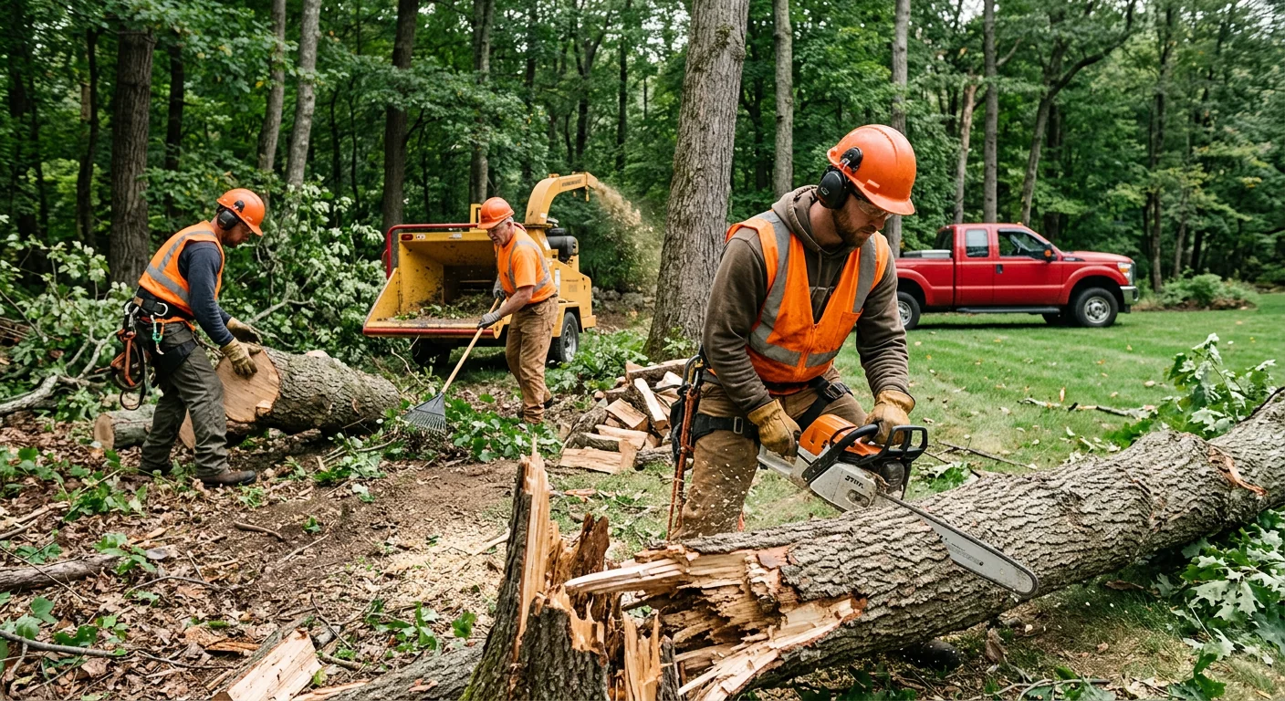 Wooded lot edge cleared of hazardous storm-damaged trees