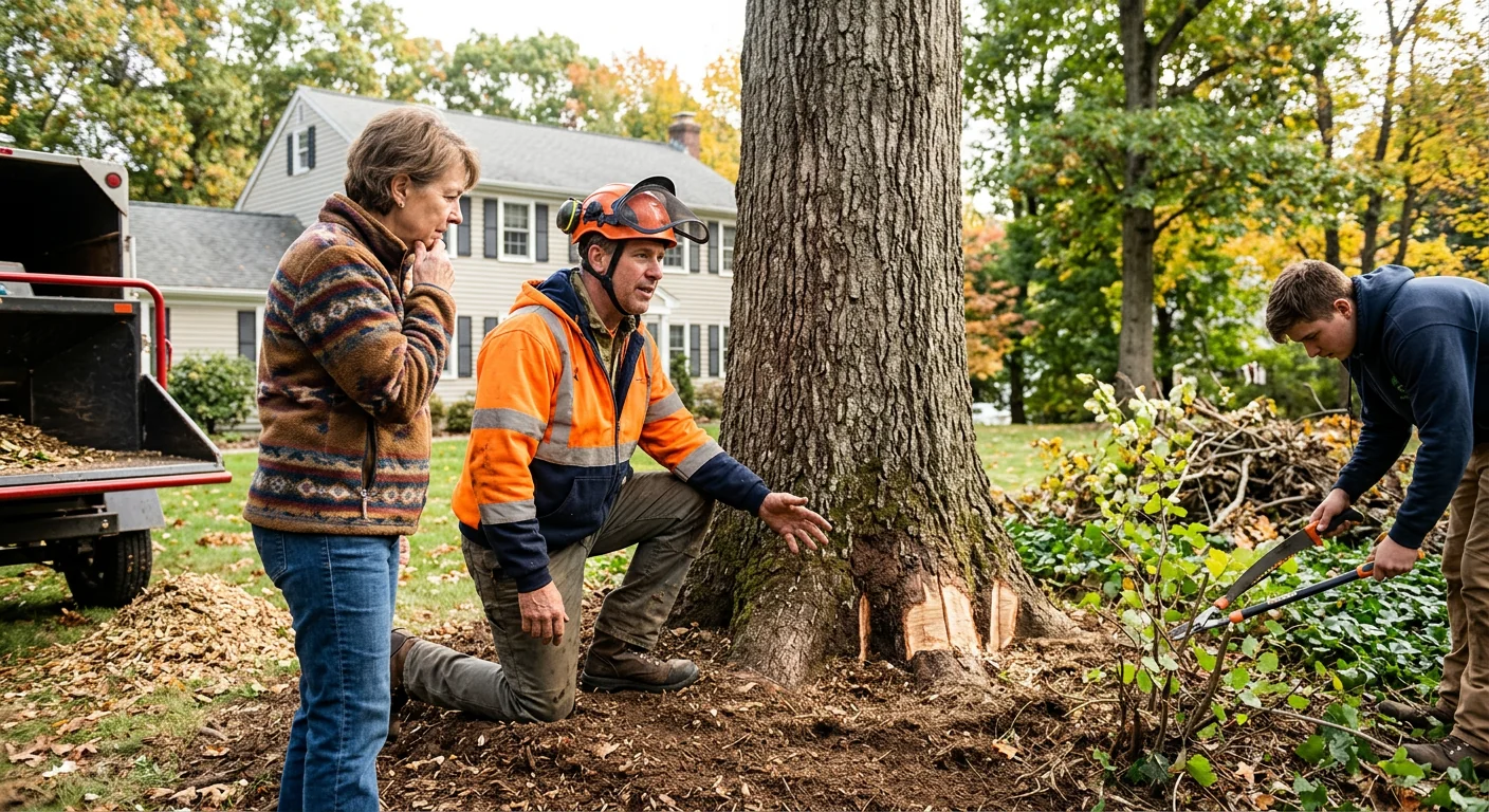 Arborist assessing a leaning hazardous tree beside a Cheshire home