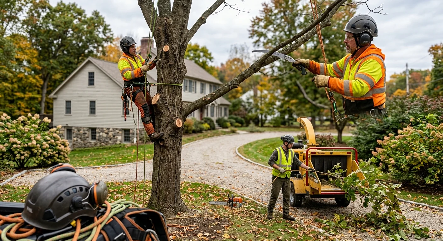 Arborist assessing a hazardous leaning tree beside a Cheshire home before removal