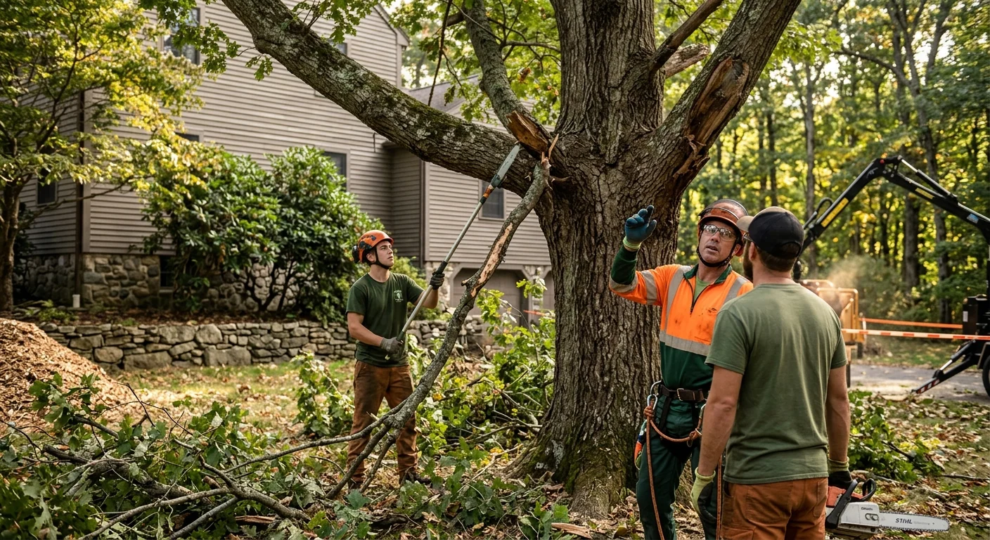 Arborist rigging a leaning hazardous tree near a home in Cheshire