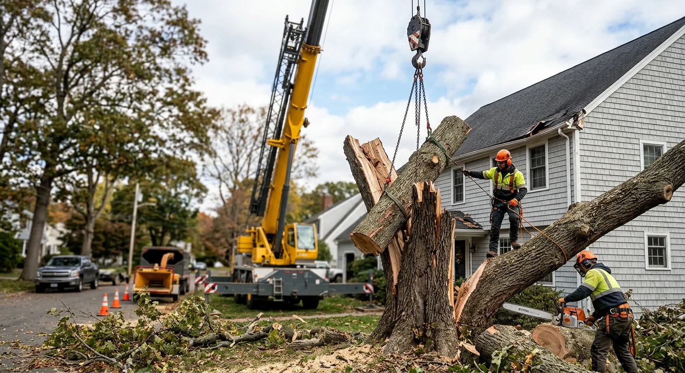 Storm-split oak being removed by crane near a Cheshire rooftop
