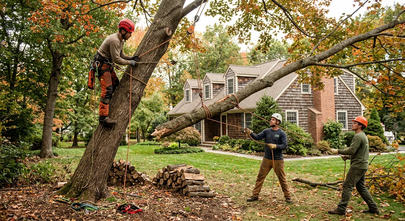 Arborist rigging lowering lines on a leaning maple in a backyard