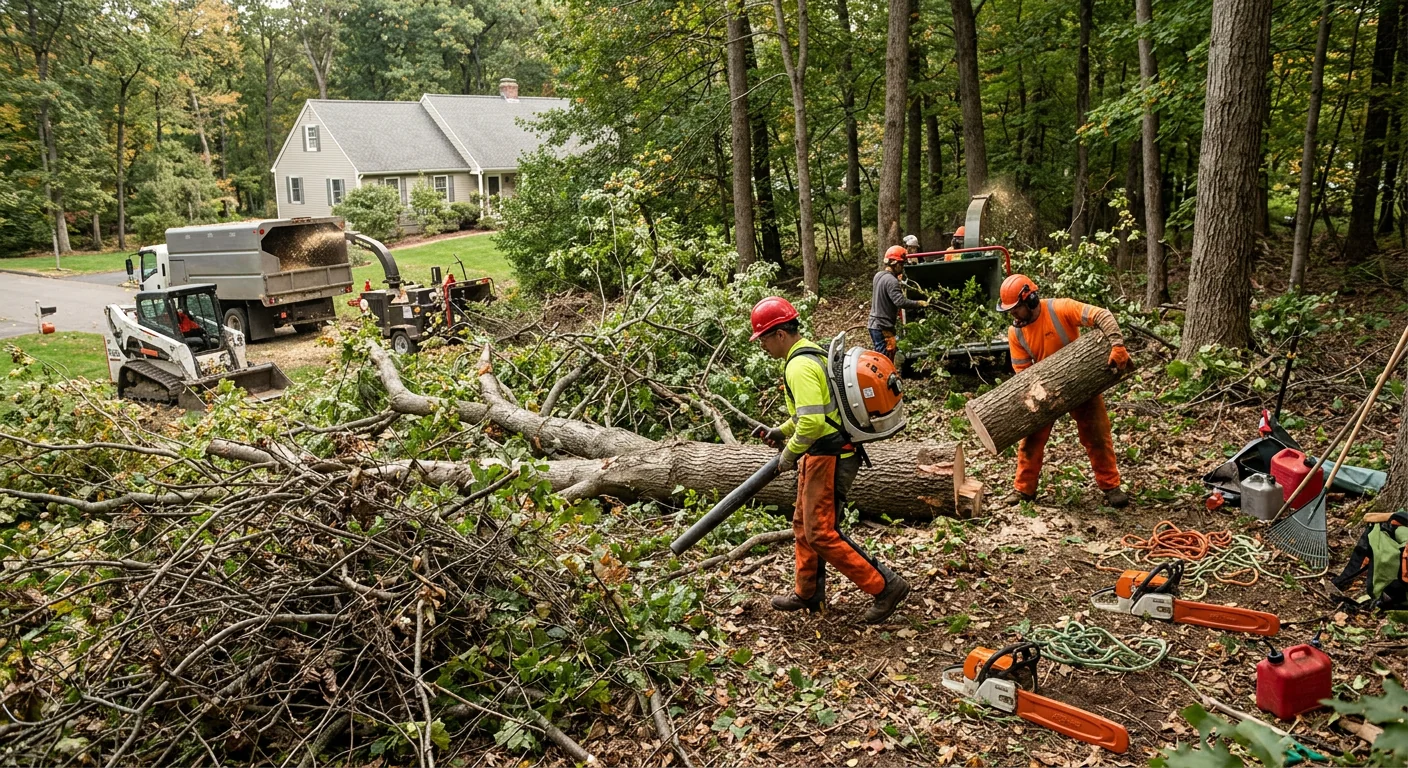 Wide shot of crew clearing brush after hazardous tree removal