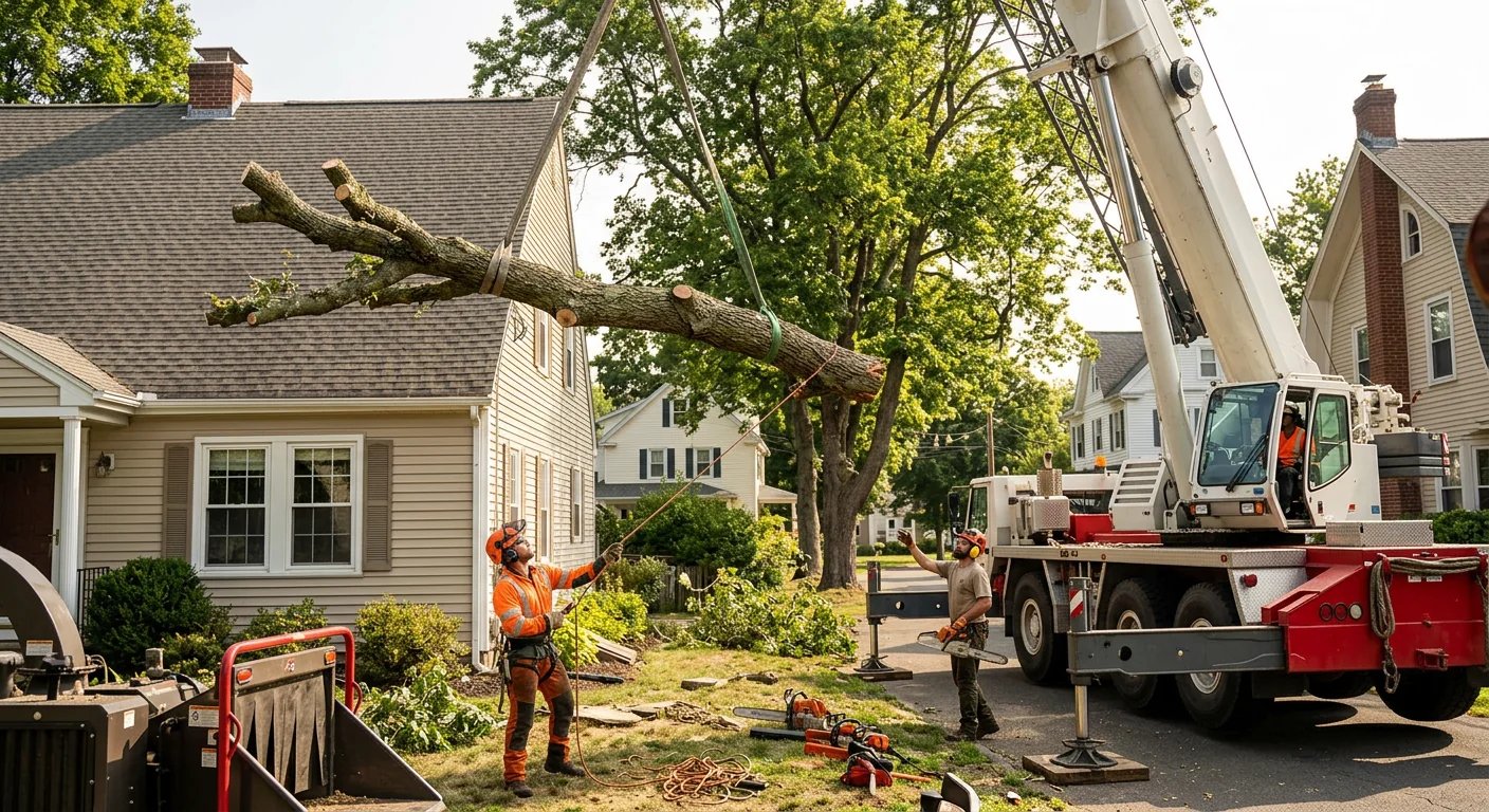 Crane lifting a heavy limb over a tight residential lot
