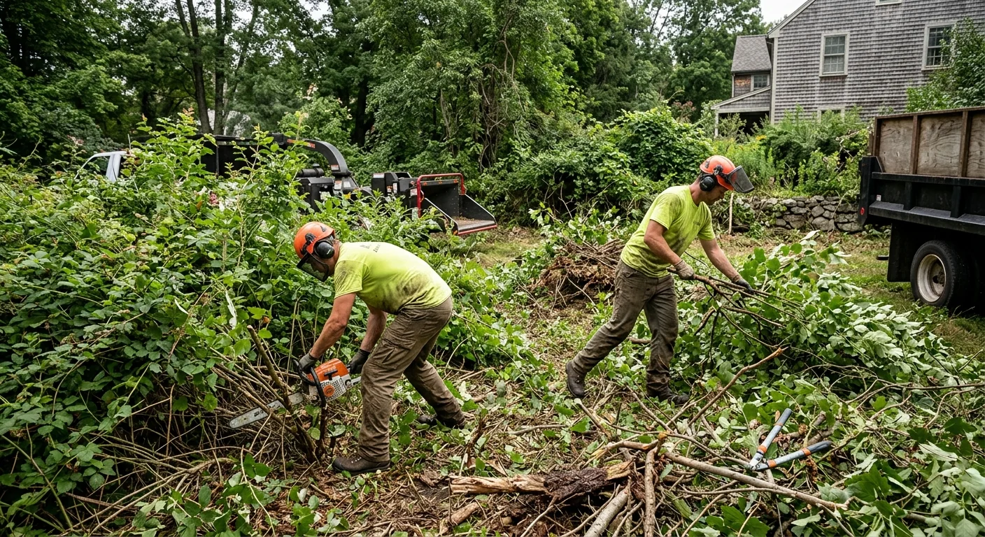 Overgrown backyard lot before brush clearing began in Cheshire