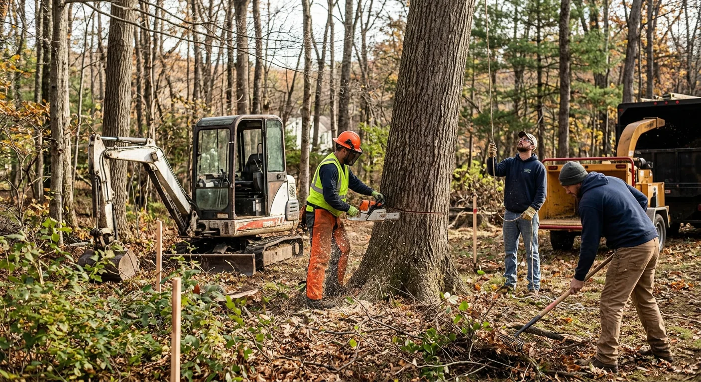 Crew felling mature hardwood on a wooded building lot