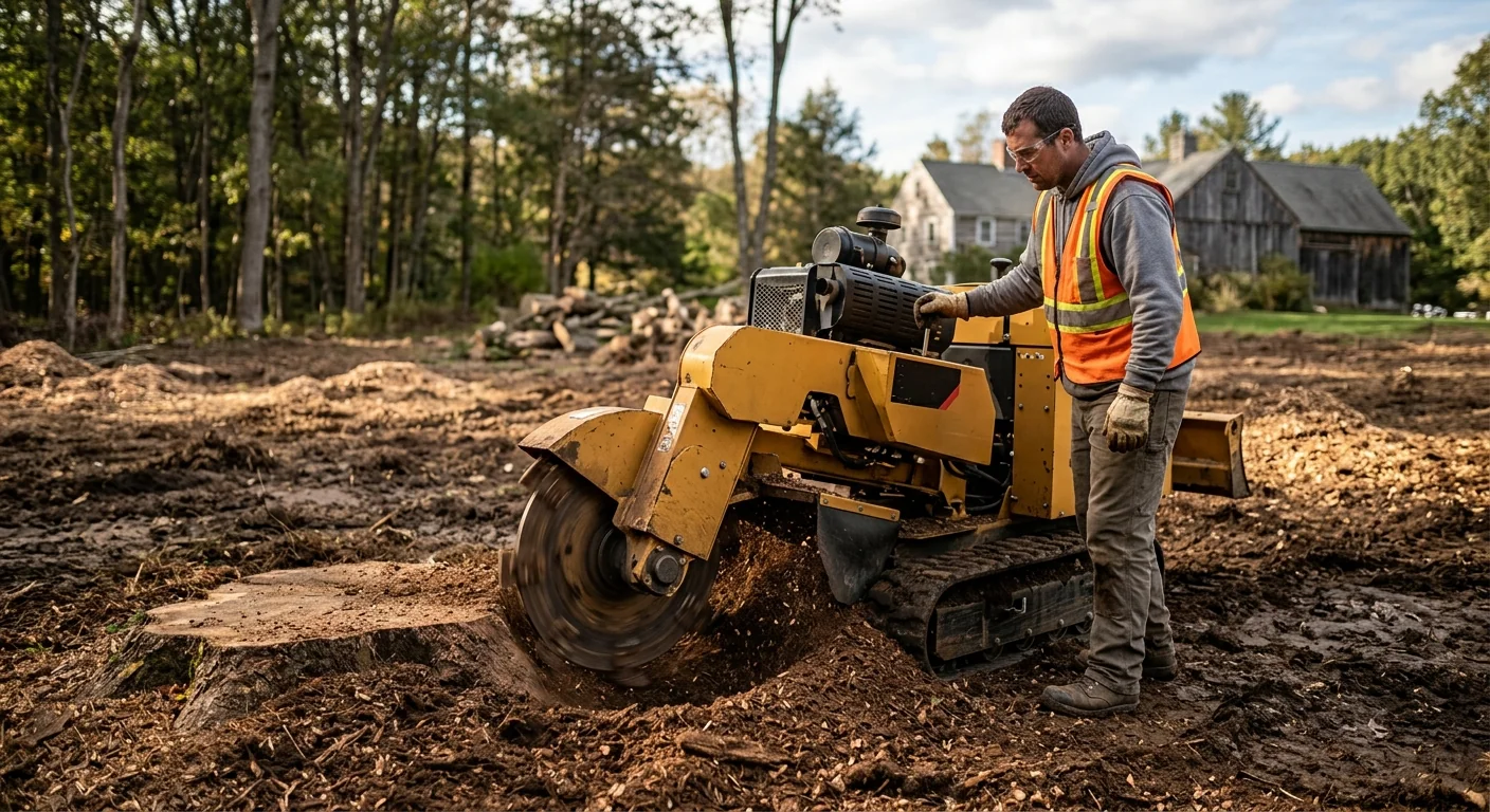 Stump grinder cutting below grade on a cleared parcel