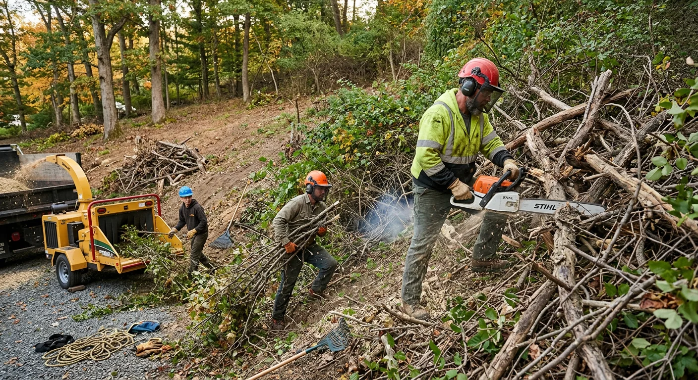 Dense underbrush and deadfall being cleared from a sloped site