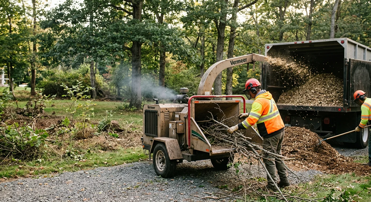 Chipper processing brush into mulch during a clearing job