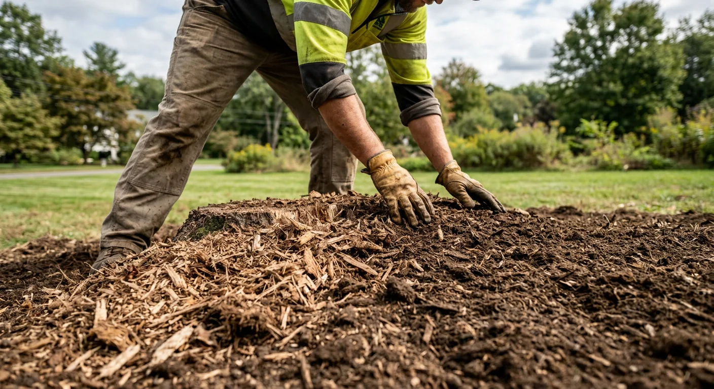 Close-up of freshly ground stump and reclaimed soil surface