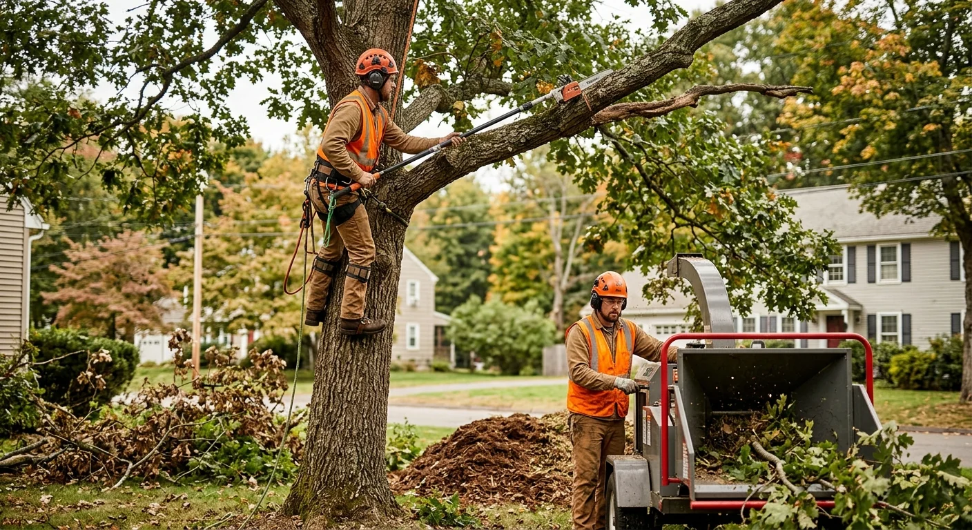 Arborist reviewing storm damaged trees for a cleanup estimate