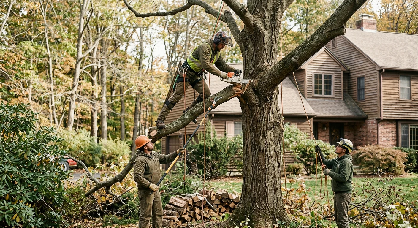 Crew clearing fallen storm-damaged tree limbs from a Cheshire residential yard
