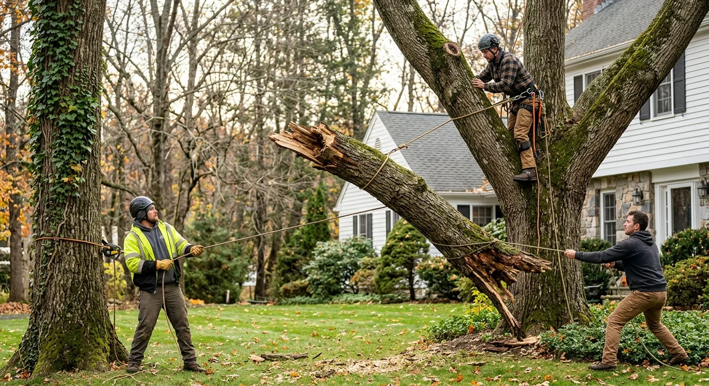 Crew using ropes to lower a broken branch section safely
