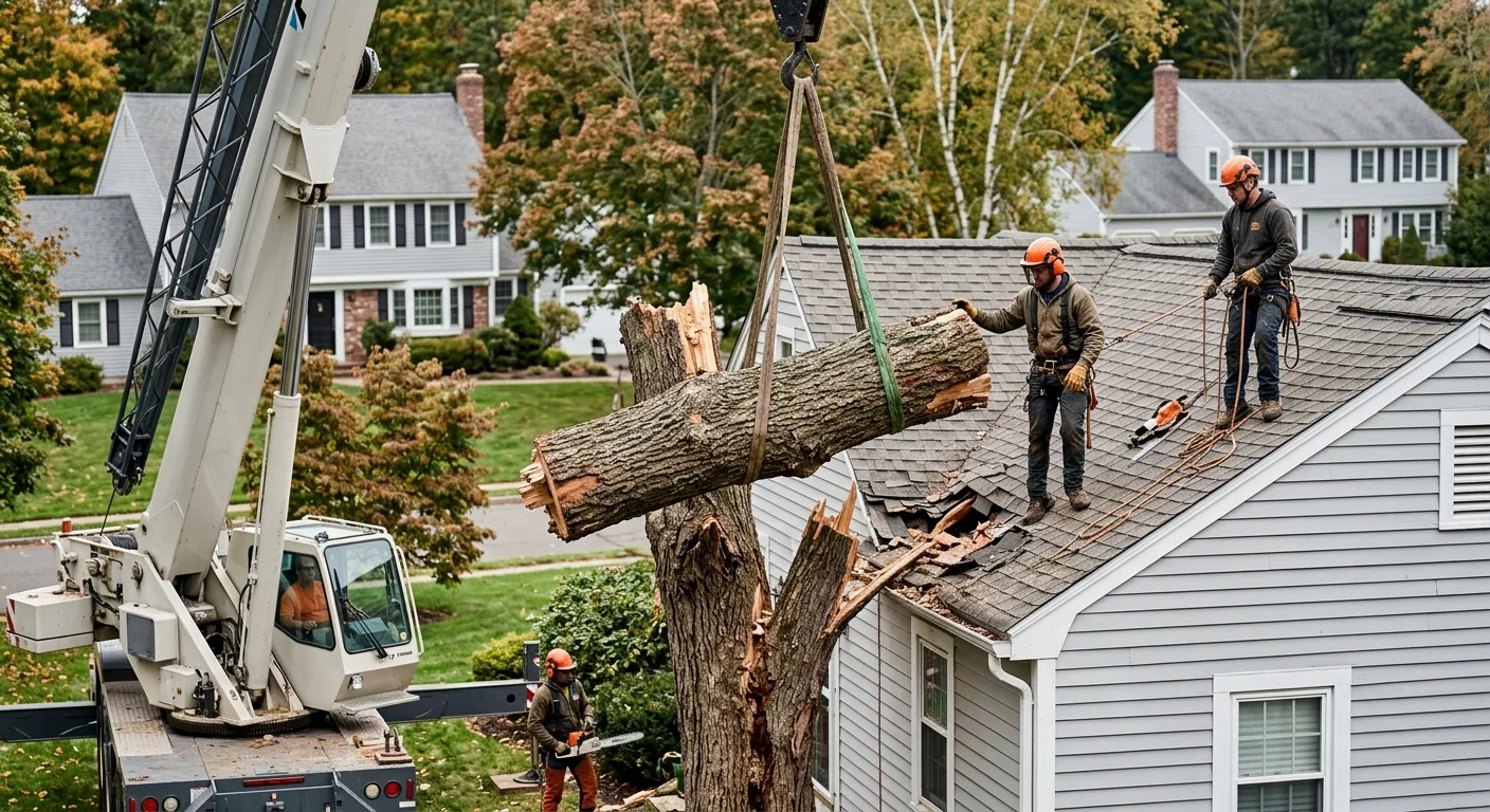 Crane lifting a large storm-damaged trunk away from a rooftop