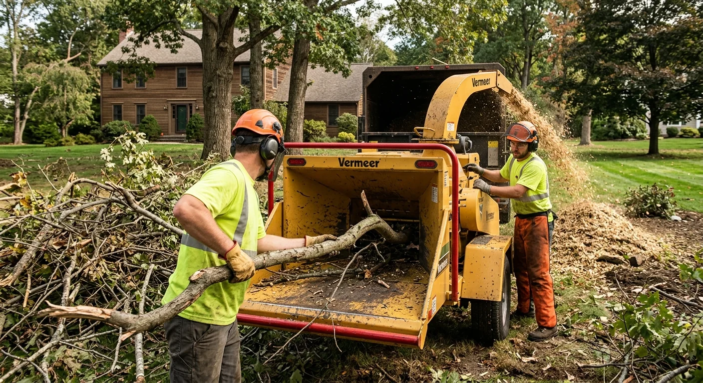 Chipper processing storm brush into mulch on a residential lot