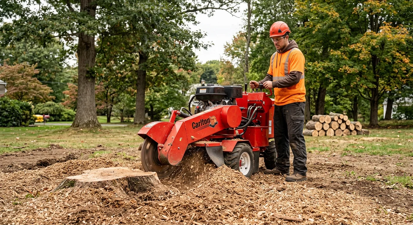 Stump grinder finishing a cleared spot after tree removal