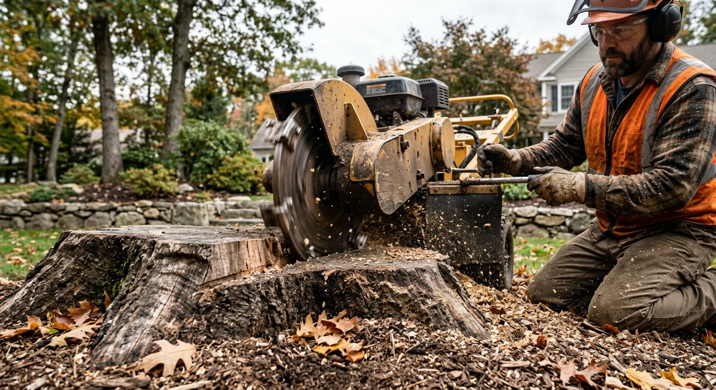 Close-up of a stump grinder wheel cutting into an oak stump