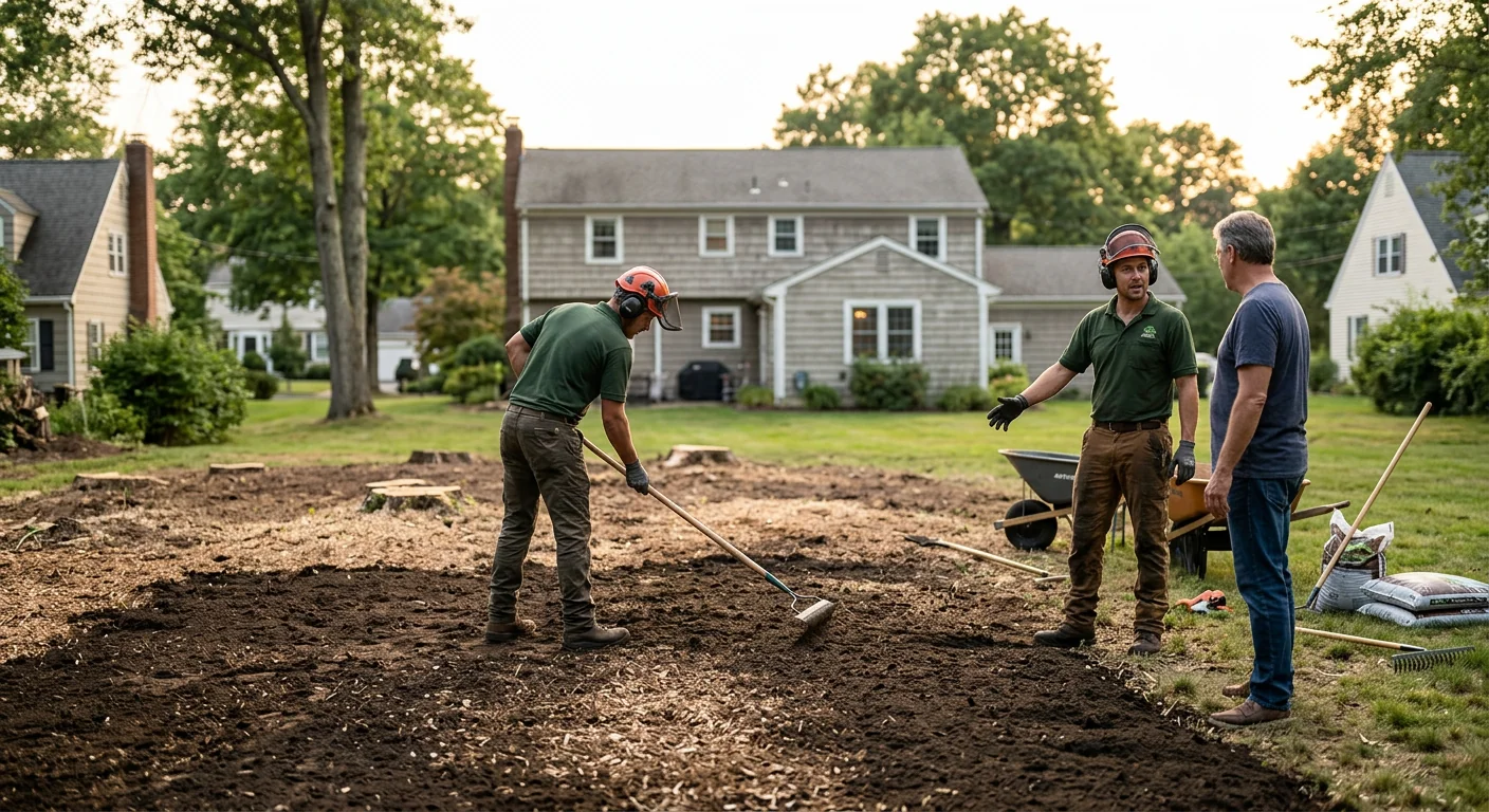 Wide view of a cleared Cheshire backyard after stump removal