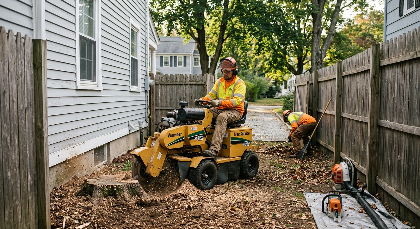 Compact stump grinder working in a narrow fenced side yard