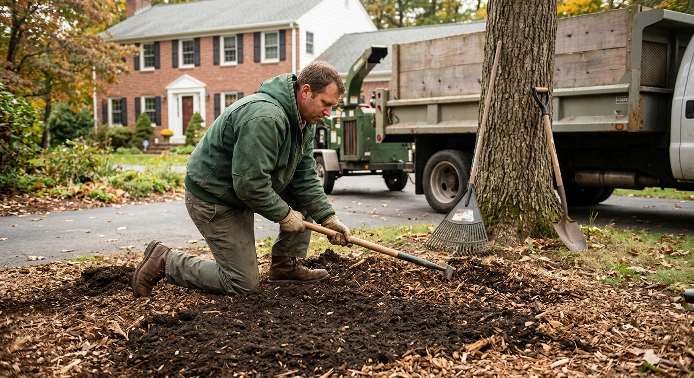 Leveled soil and wood chips filling a ground stump void