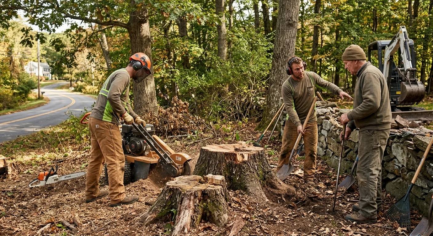 Cluster of hardwood stumps along a wooded property line