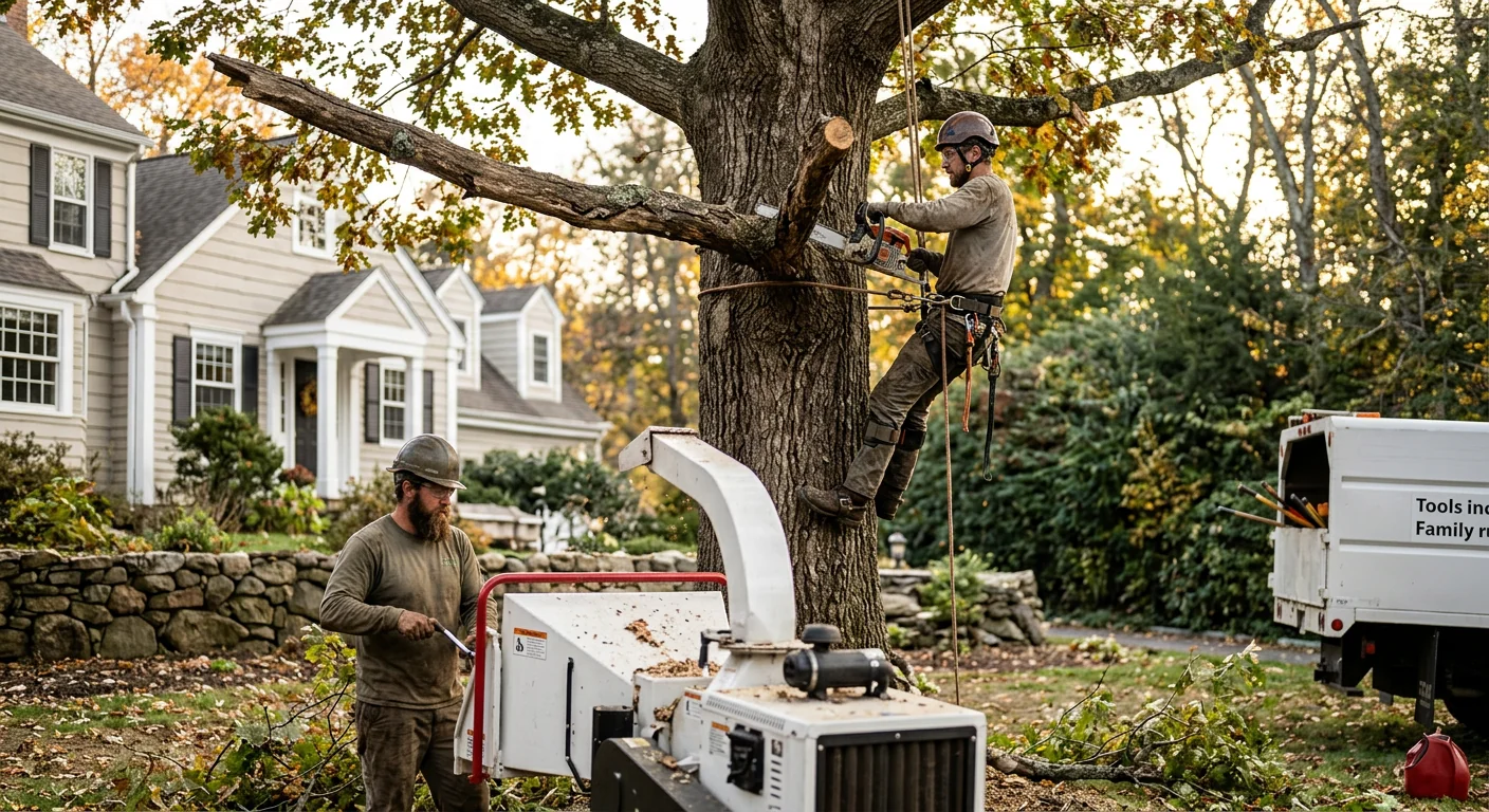 Arborist installing steel support cable in a mature Cheshire shade tree canopy