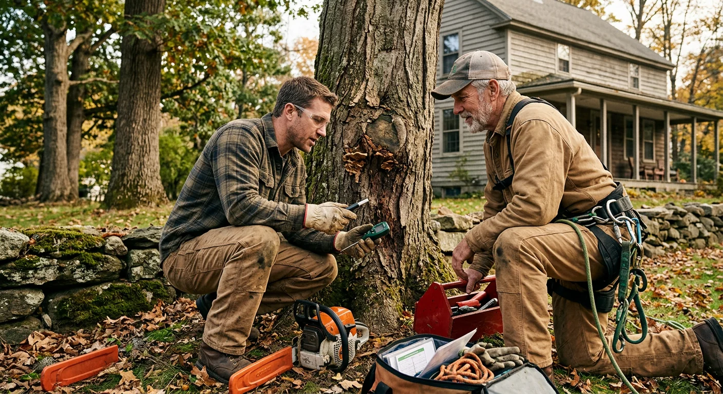 Split trunk union with included bark on a mature Cheshire property tree