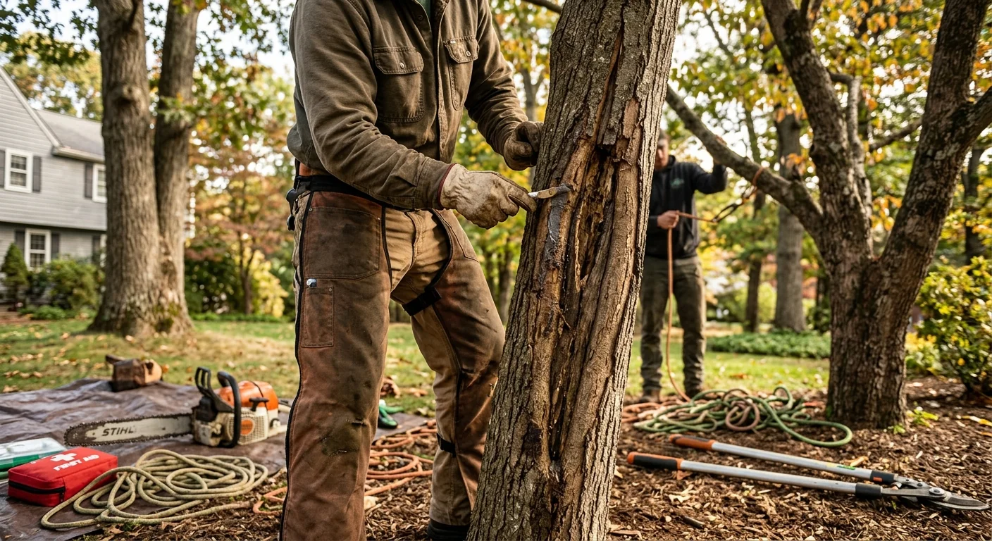 Sagging heavy limb needing structural cable support over a Cheshire home