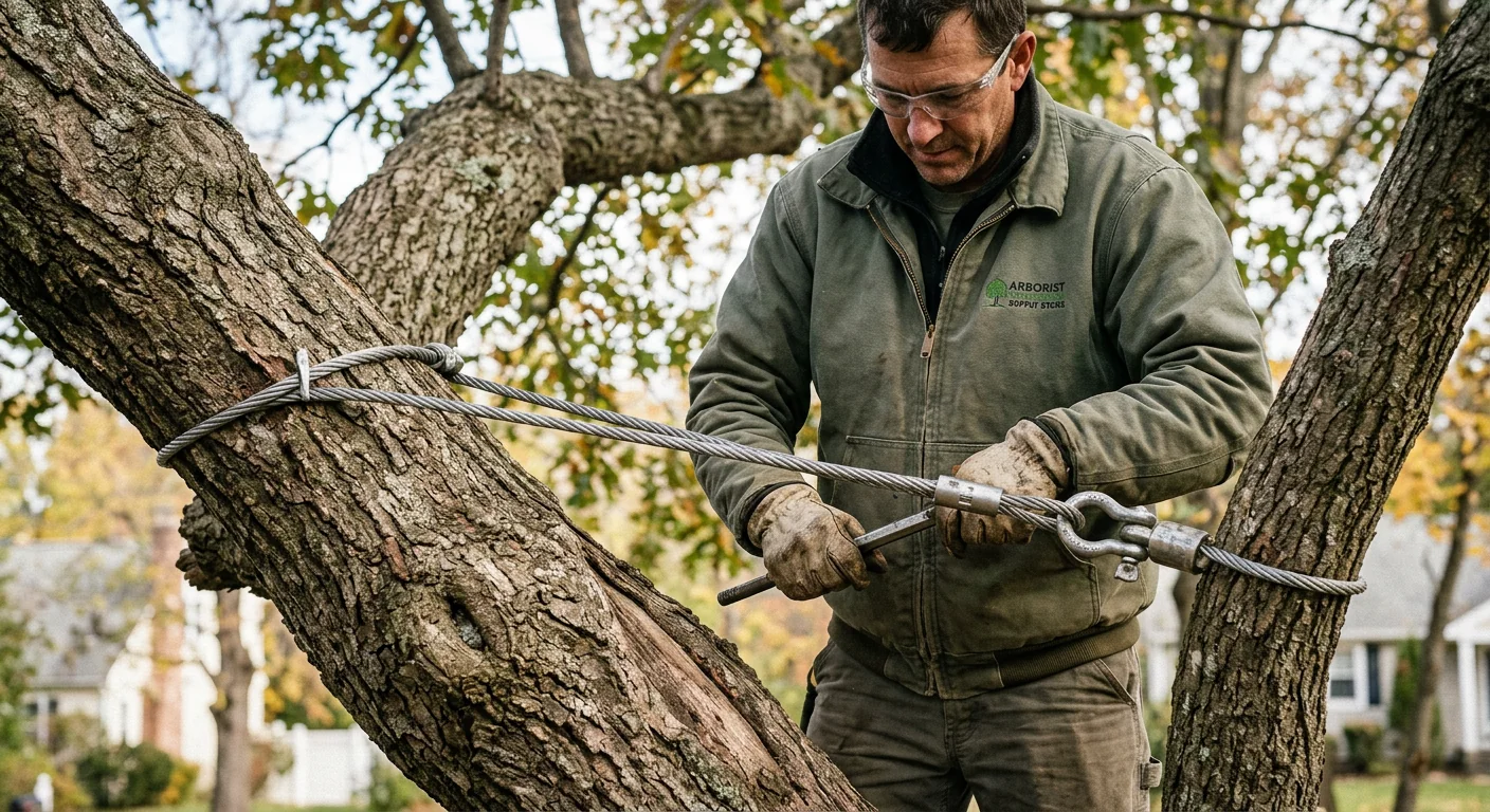 Close-up of a steel support cable anchored between two upper tree limbs