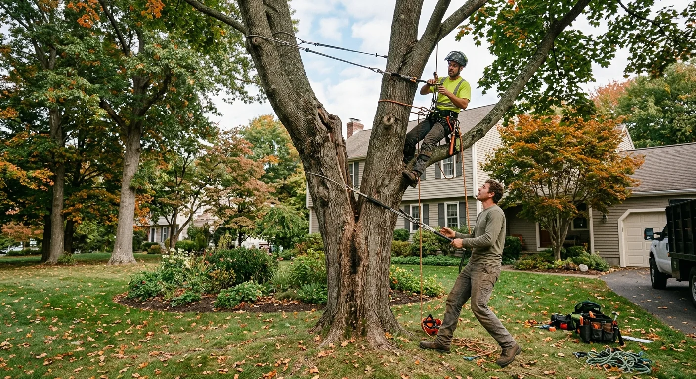 Wide shot of a mature split-trunk maple braced in a Cheshire backyard
