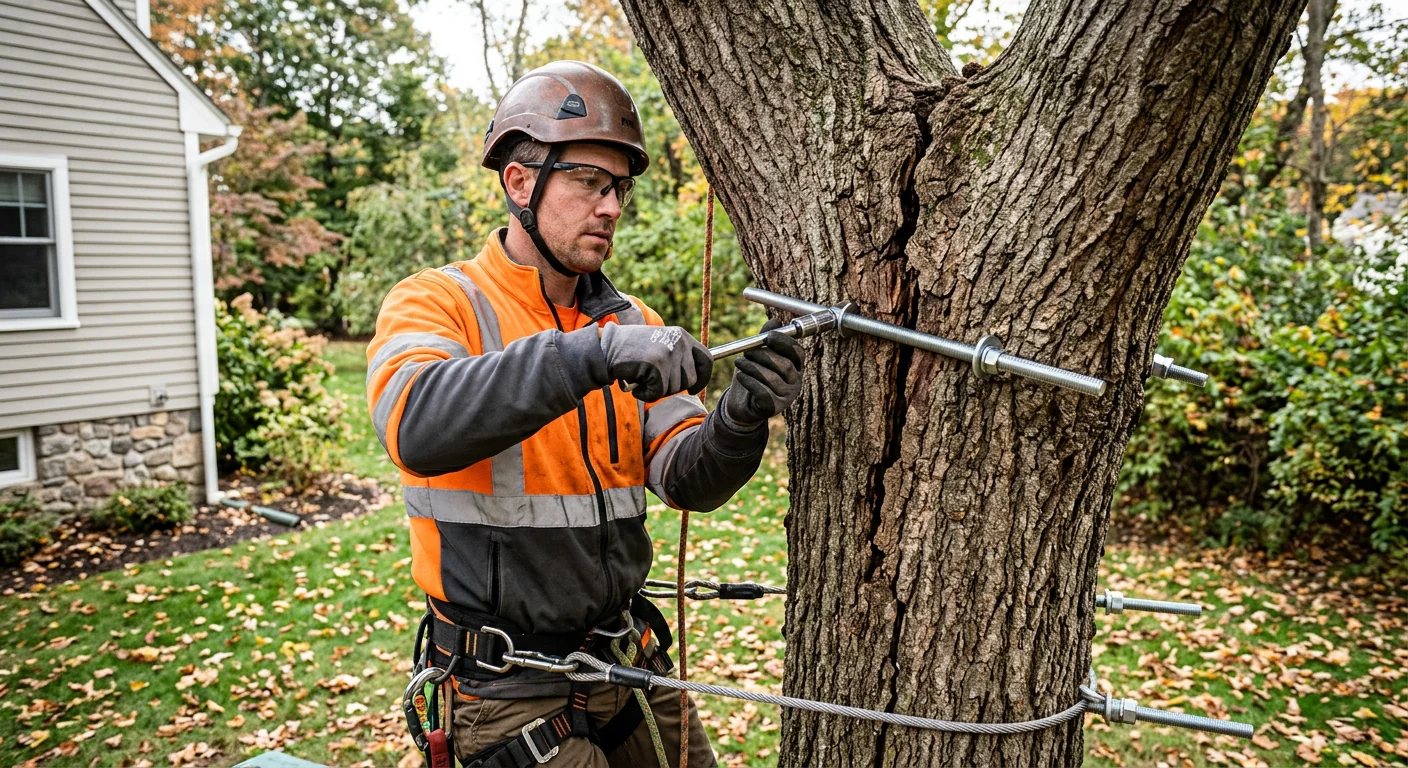 Arborist installing threaded bracing rod through a cracked tree crotch