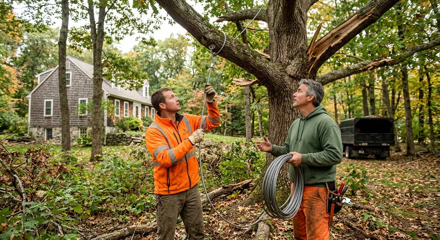 Storm-stressed oak on a wooded Cheshire lot before cabling work begins