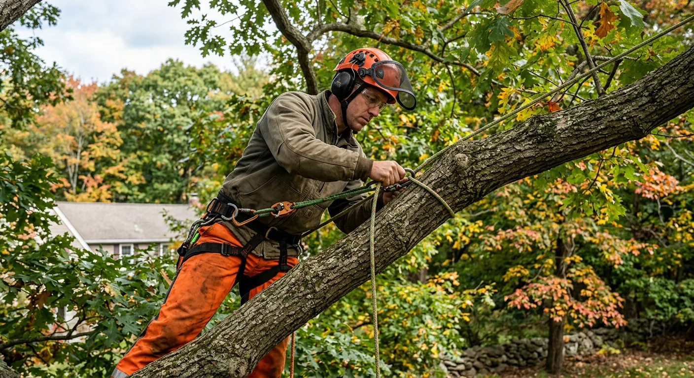 Climber setting anchor point high in a large tree canopy